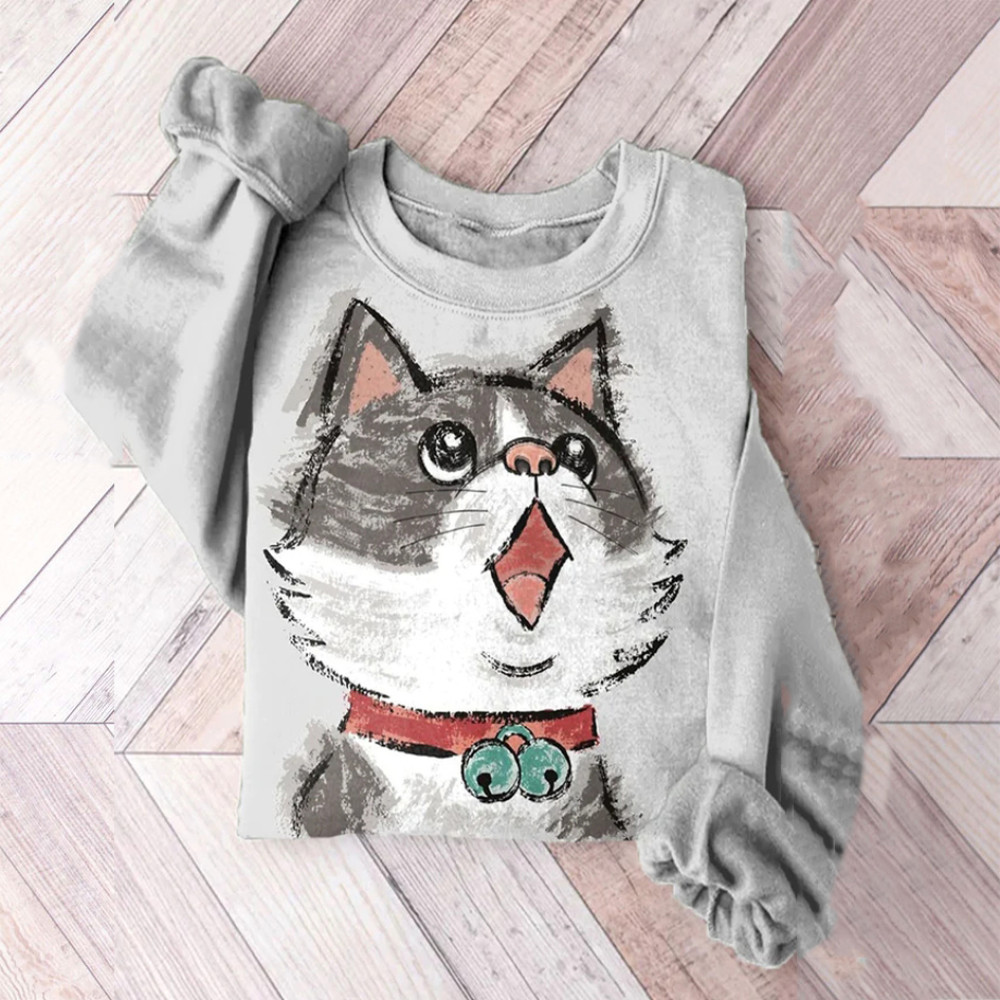Retro Cat Art Print Casual Sweatshirt