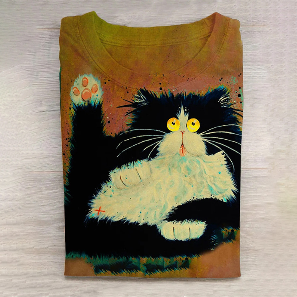 Retro Cat Art Print Casual T-Shirt