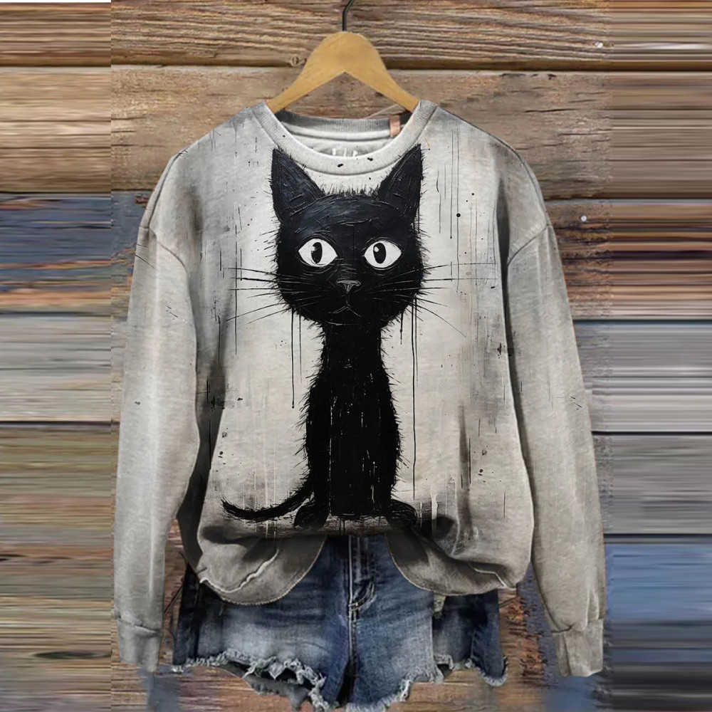Retro Funny Black Cat Art Design Print Casual Round Neck Sweatshirt