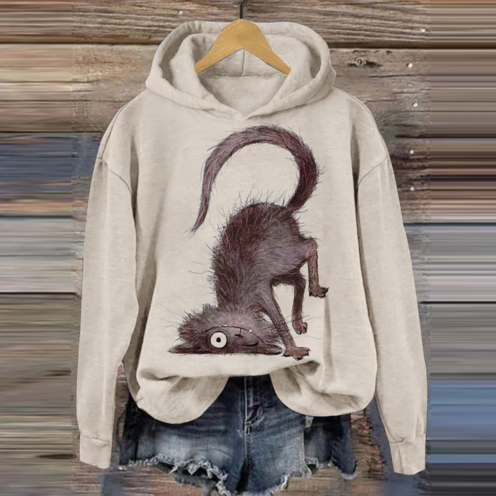 Retro Funny Cat Art Print Casual Hoodie Sweatshirt