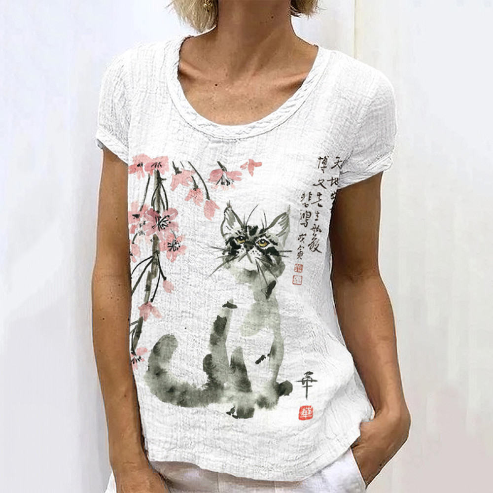 Retro Japanese Ink Floral Cat Art Painting Linen Casual T-Shirt