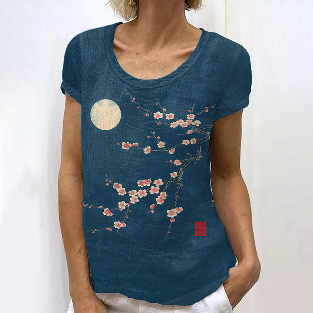Retro Japanese Ink Floral Moon Art Painting Linen Casual T-Shirt