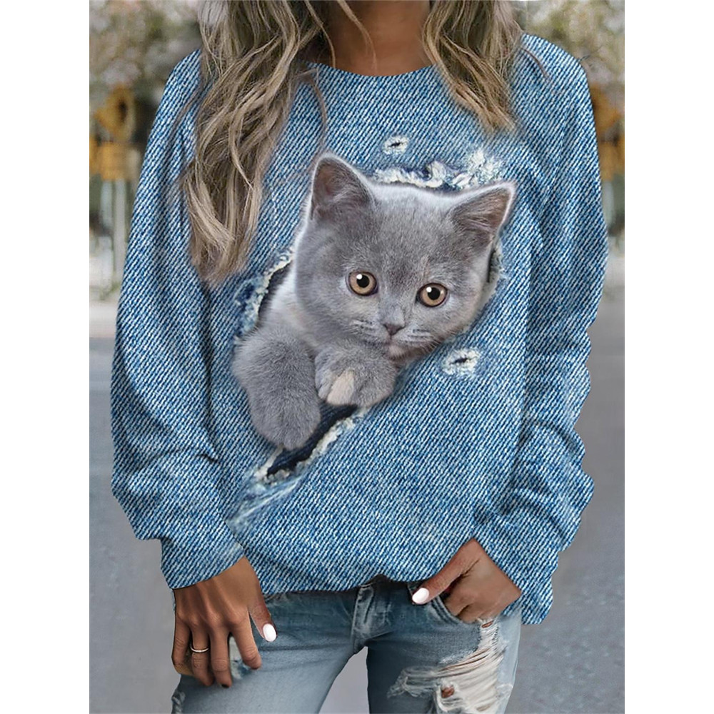 Ripped Denim Cat Print Sweatshirt