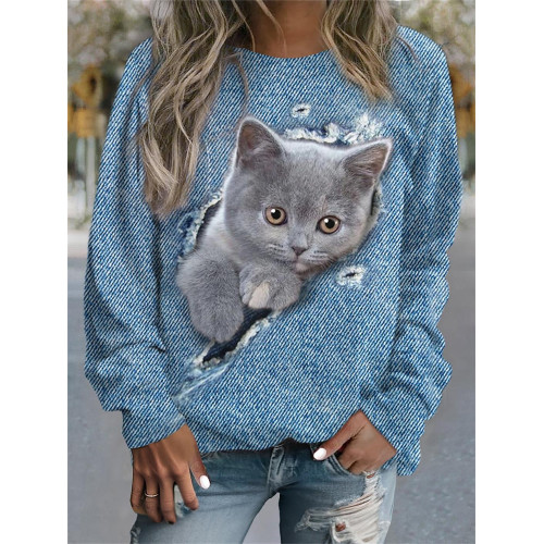 Ripped Denim Cat Print Sweatshirt