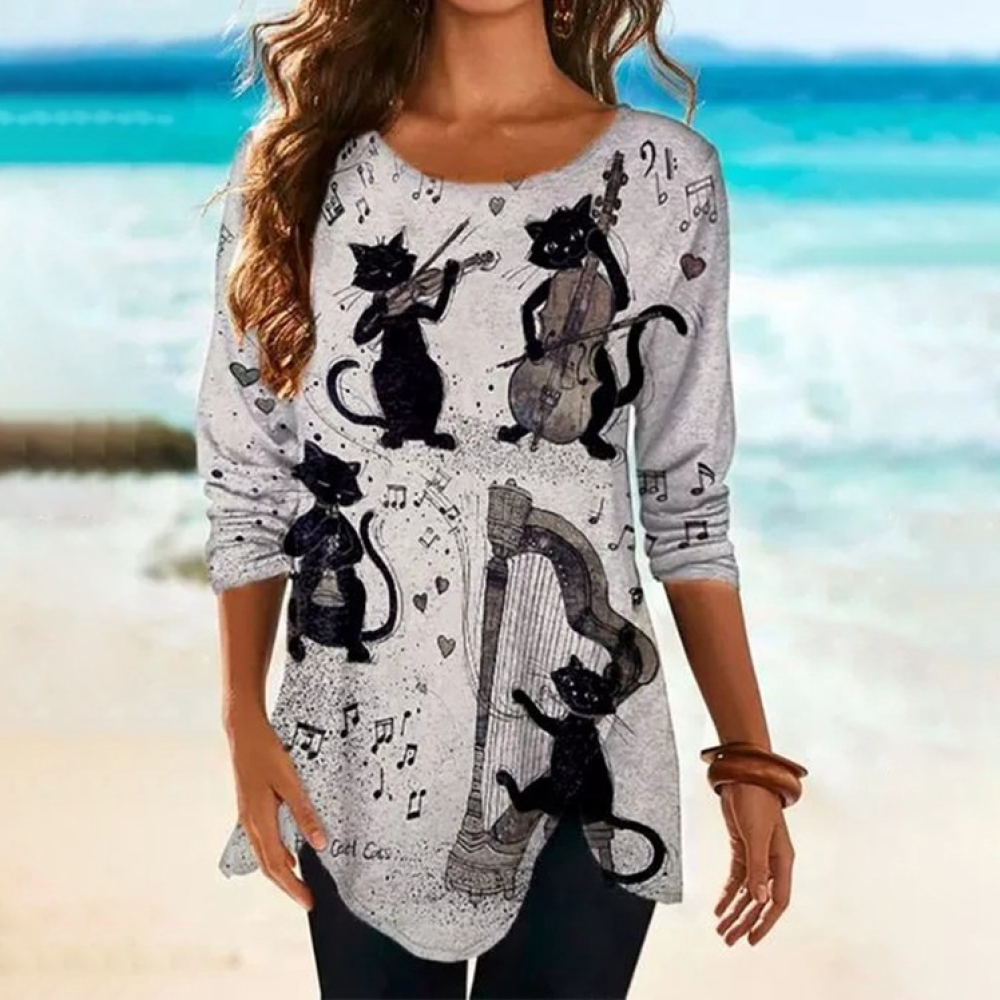 Round Neck Cat Print Loose Long Sleeve T-Shirt
