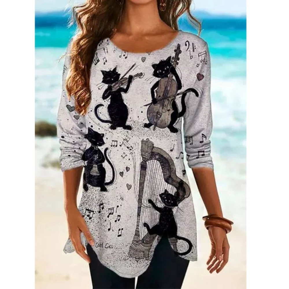Round Neck Cat Print Loose Long Sleeve T-Shirt