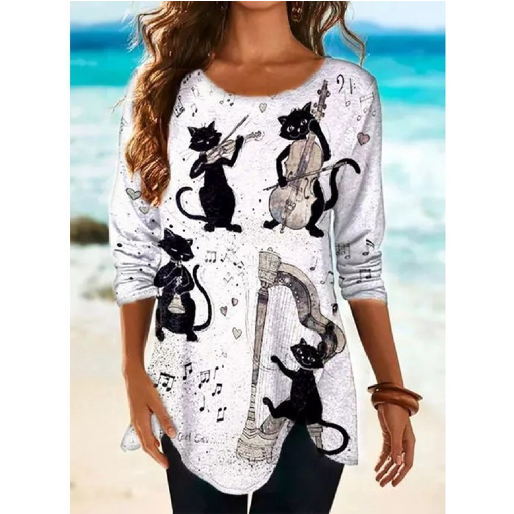 Round Neck Cat Print Loose Long Sleeve T-Shirt