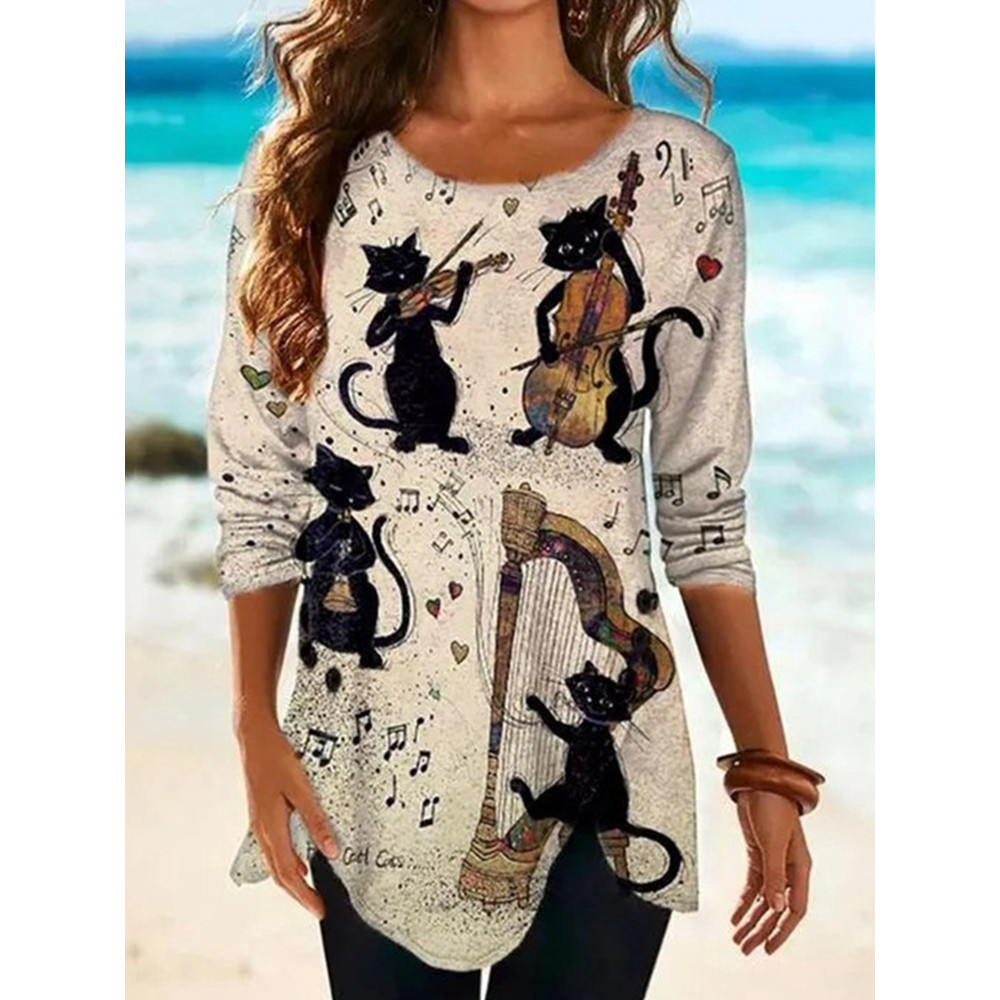 Round Neck Cat Print Loose Long Sleeve T-Shirt