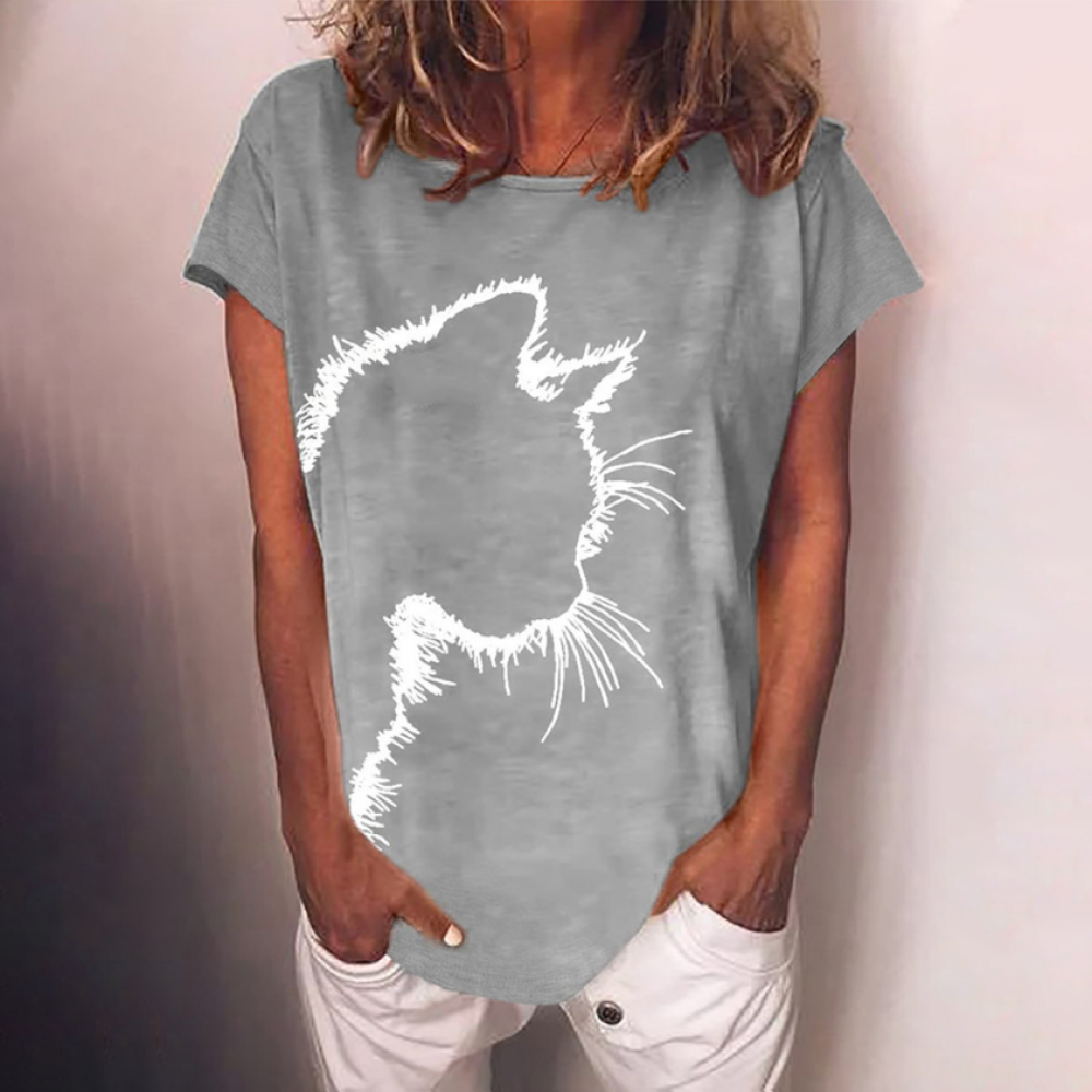 Round neck cat print loose long sleeve T-shirt