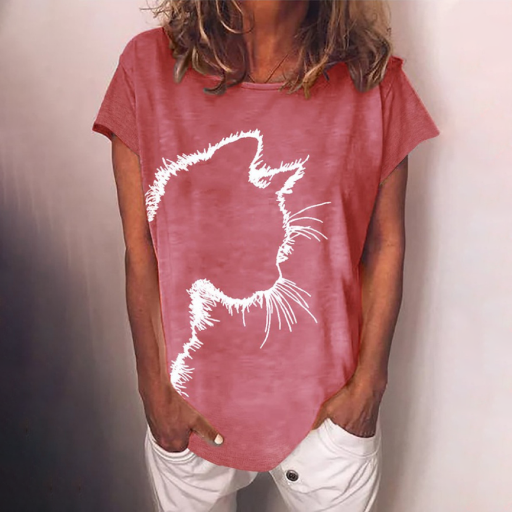 Round neck cat print loose long sleeve T-shirt