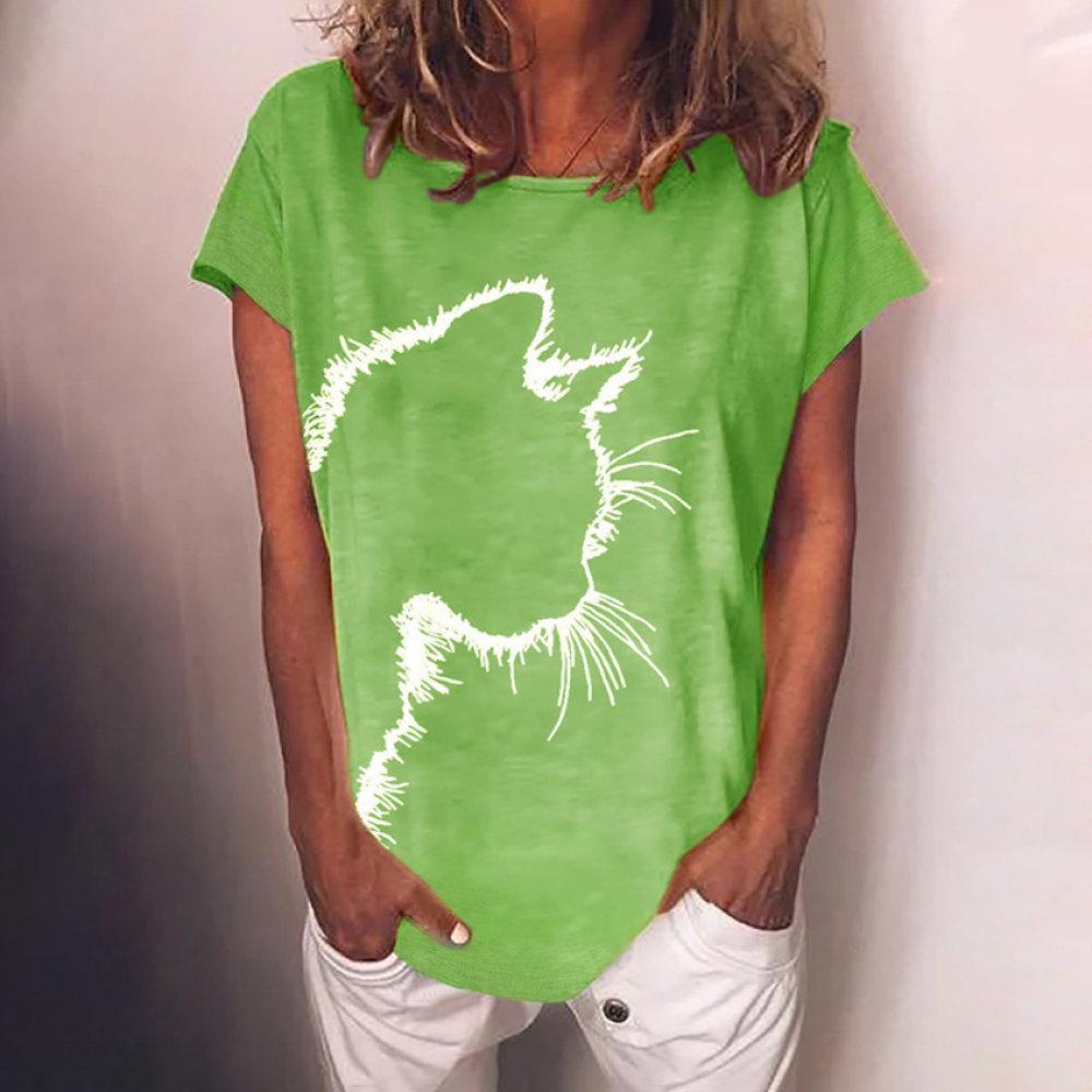 Round neck cat print loose long sleeve T-shirt