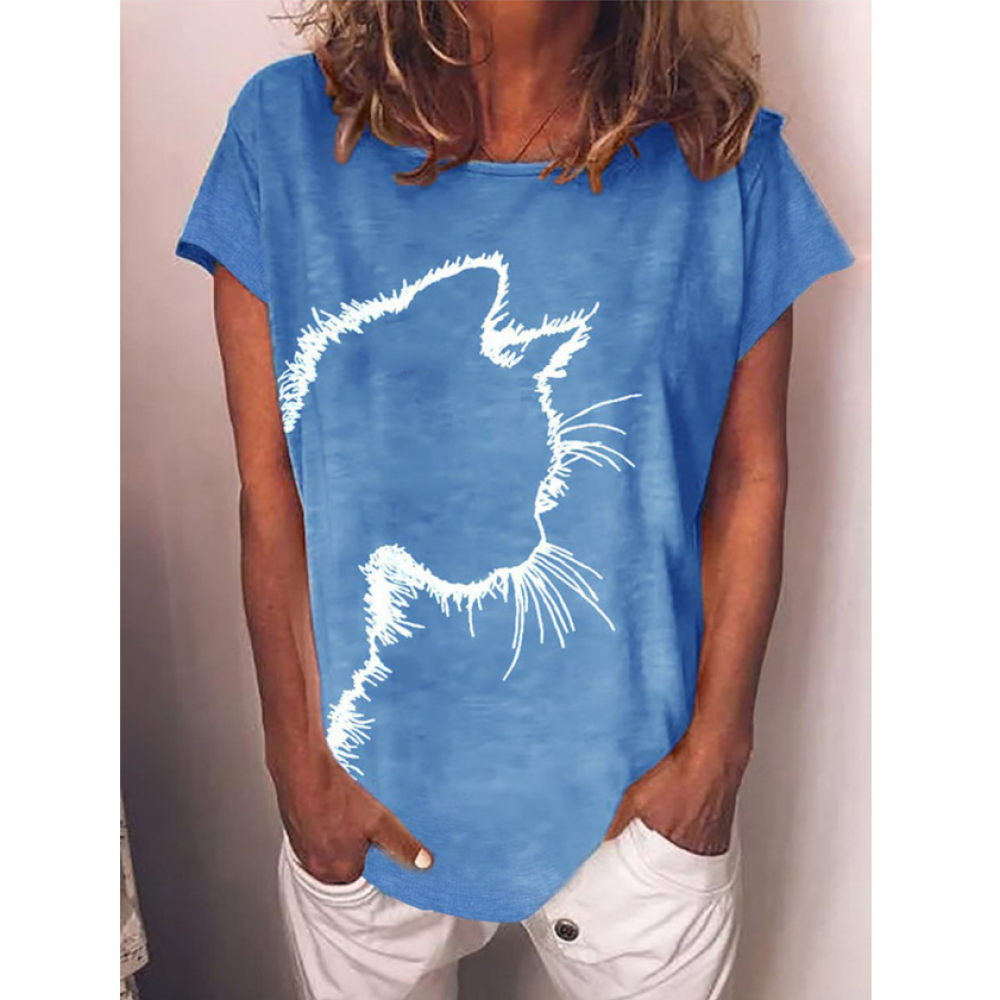 Round neck cat print loose long sleeve T-shirt