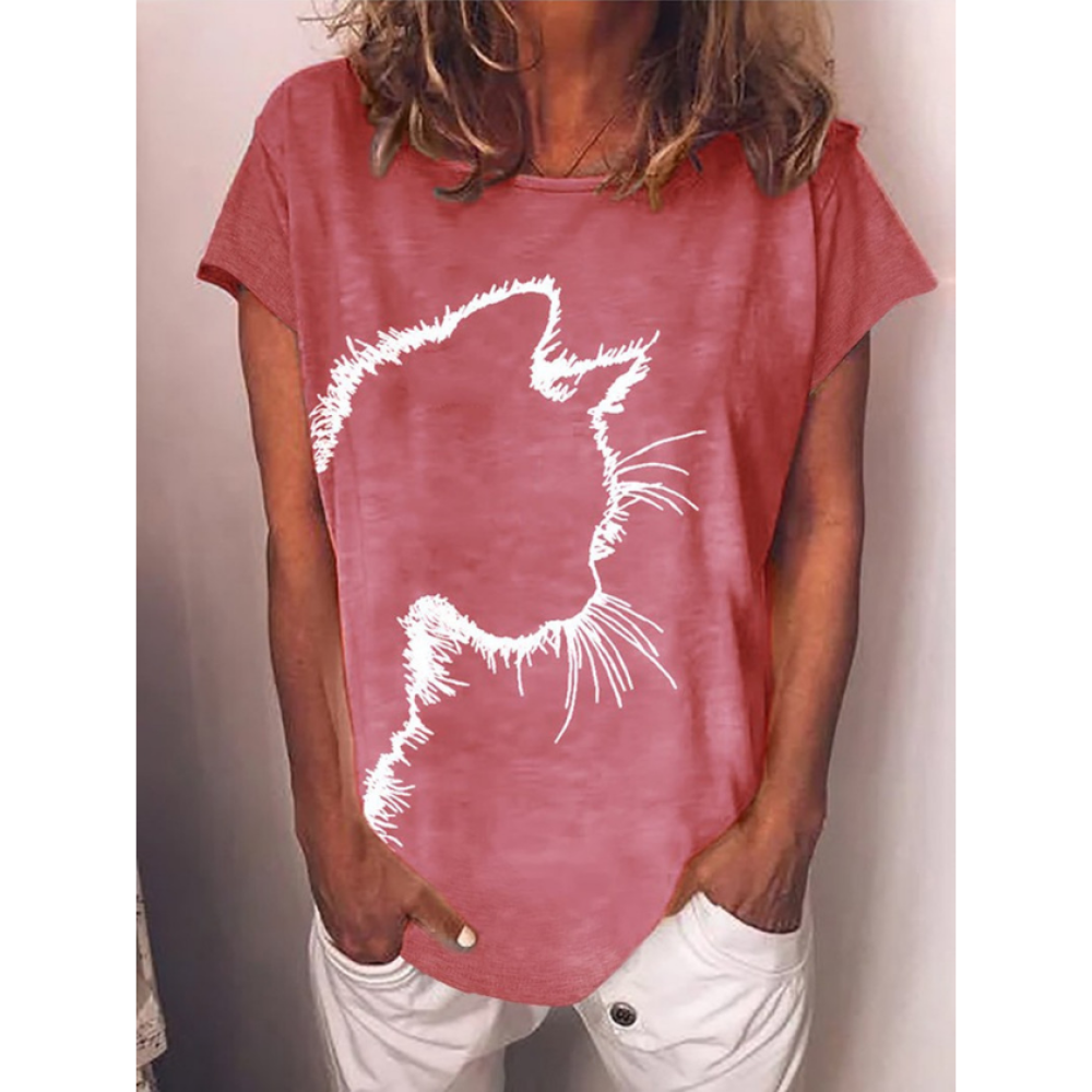 Round neck cat print loose long sleeve T-shirt