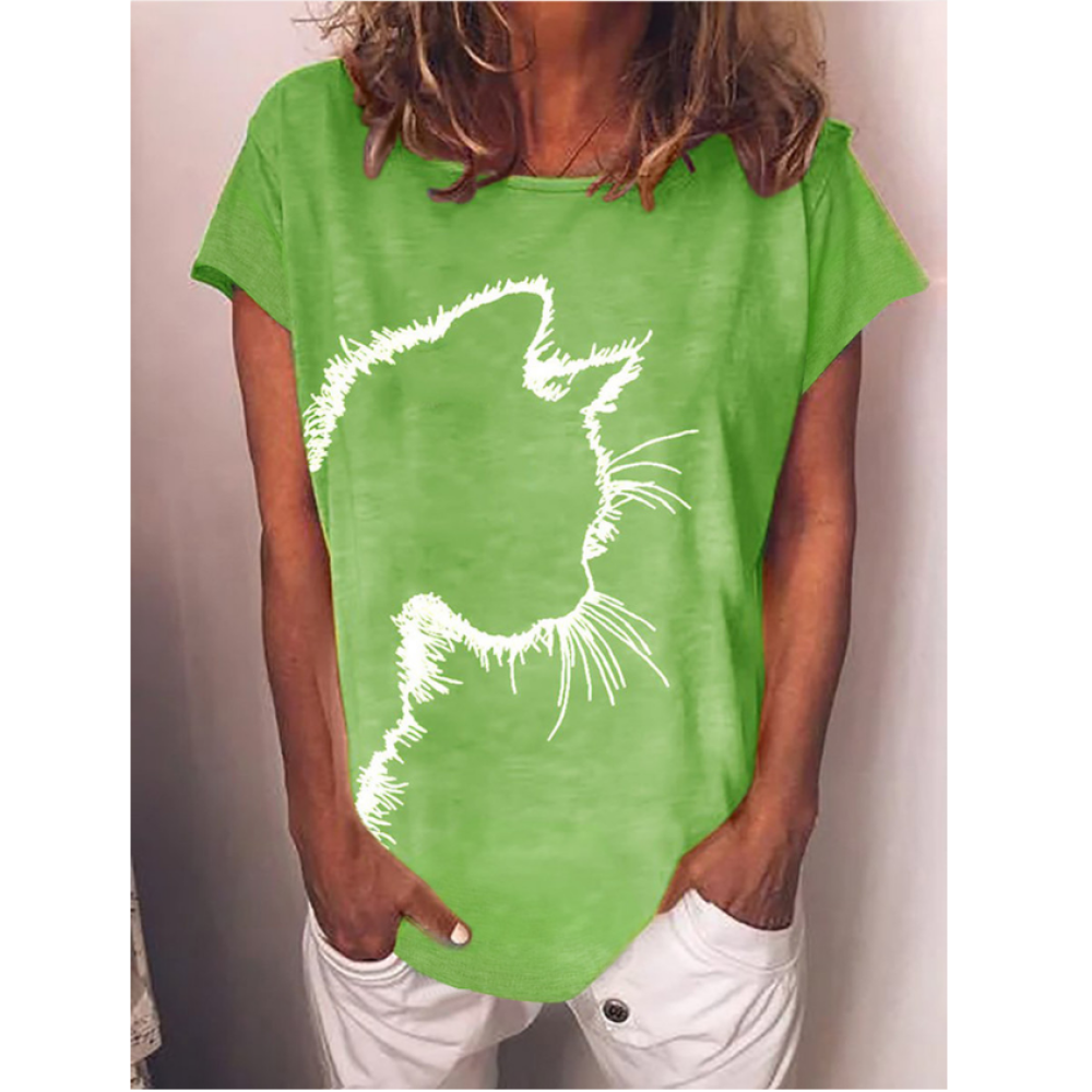 Round neck cat print loose long sleeve T-shirt