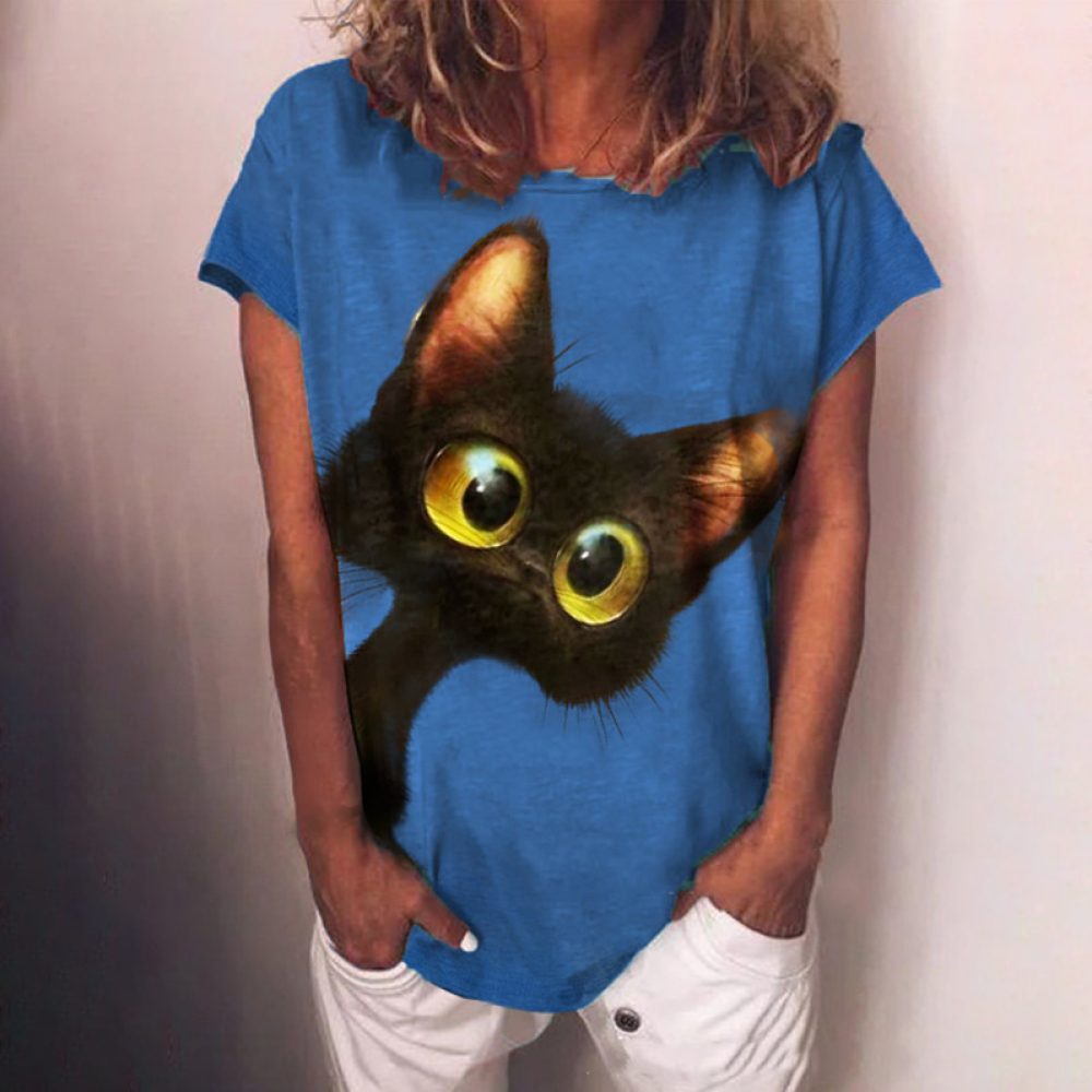 Round neck cat print loose long sleeve T-shirt