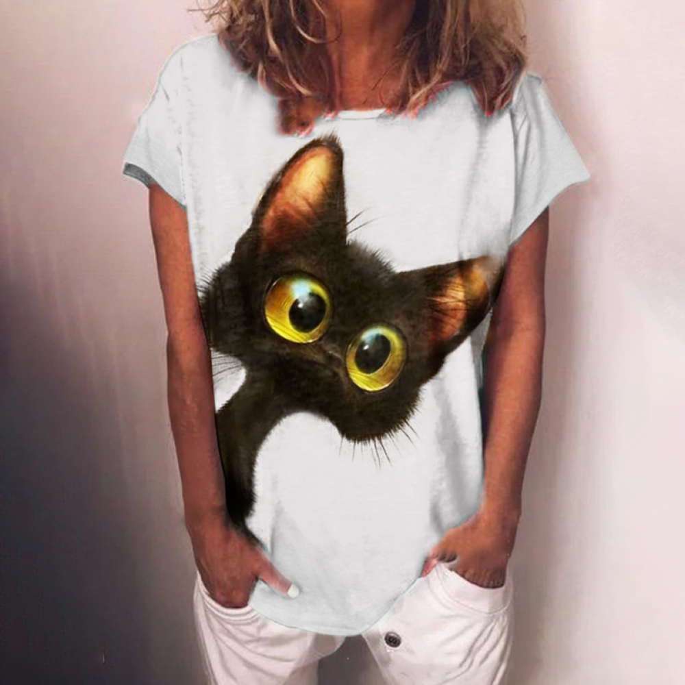 Round neck cat print loose long sleeve T-shirt