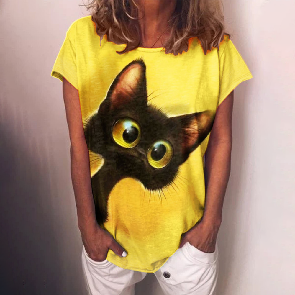 Round neck cat print loose long sleeve T-shirt