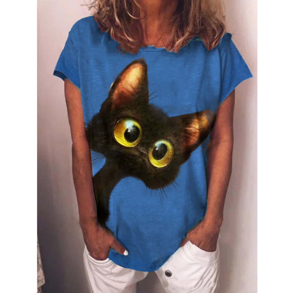 Round neck cat print loose long sleeve T-shirt