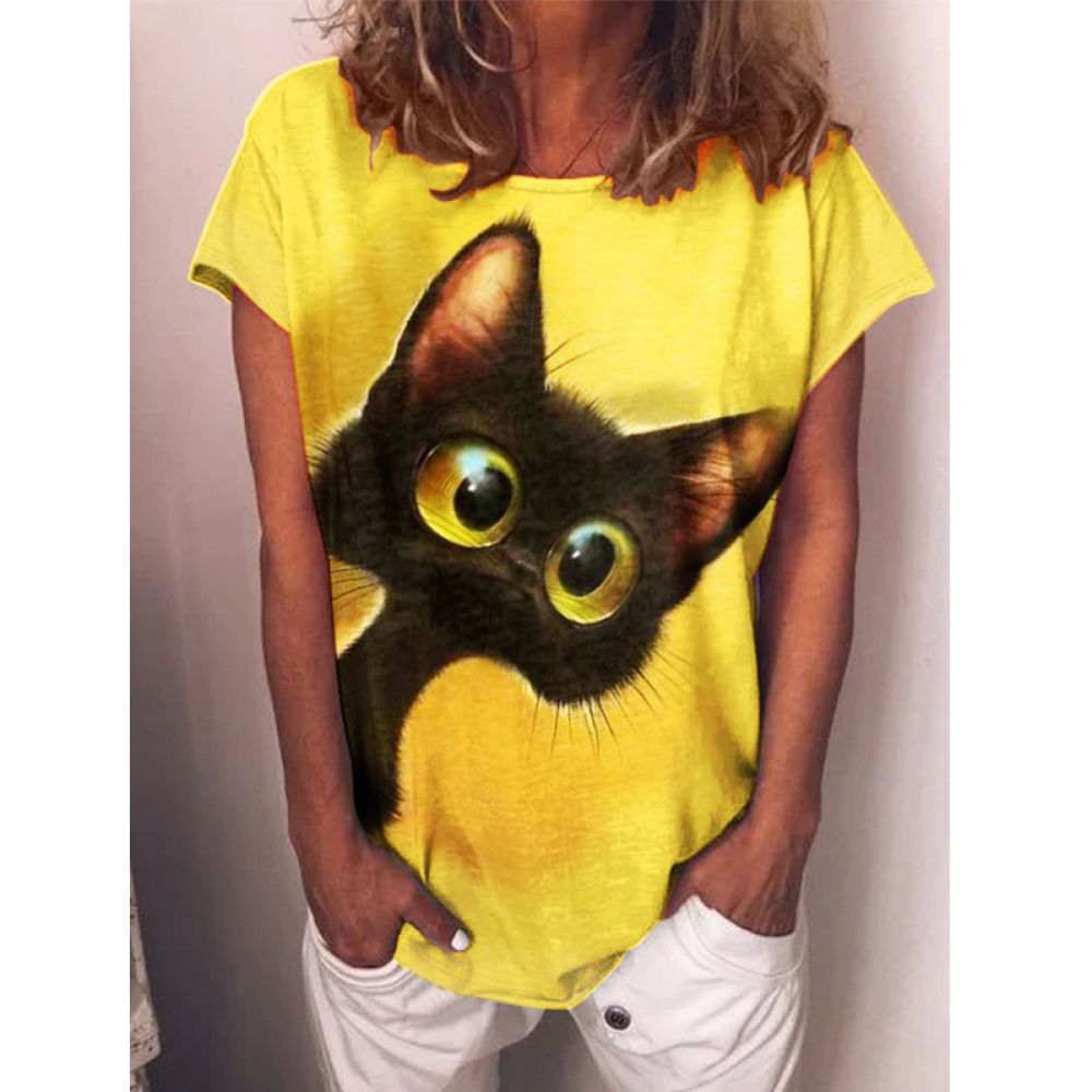 Round neck cat print loose long sleeve T-shirt