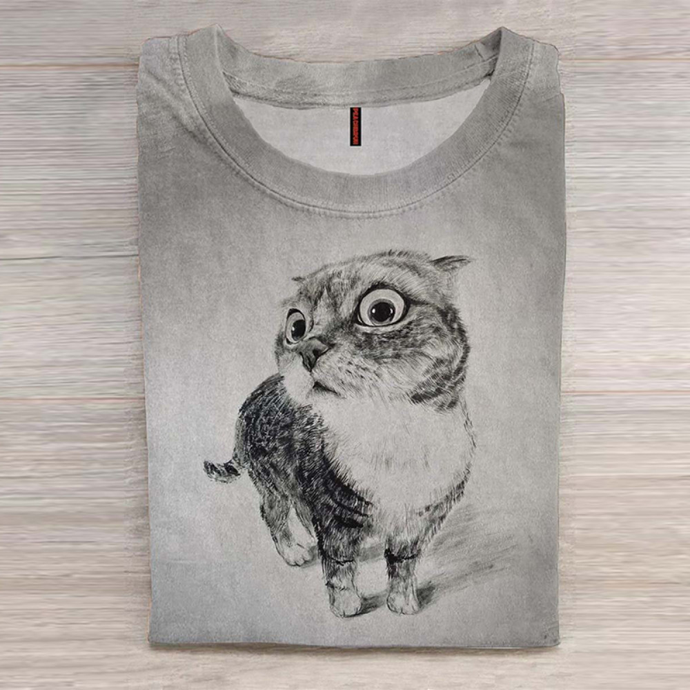 Shocked Cat Print Casual Long Sleeve T-Shirt