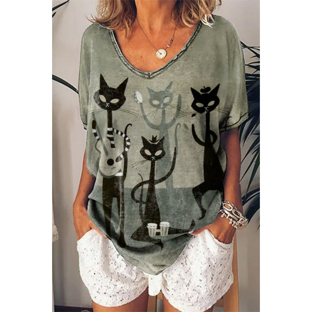 Short Sleeve Cat Band Print T-Shirt