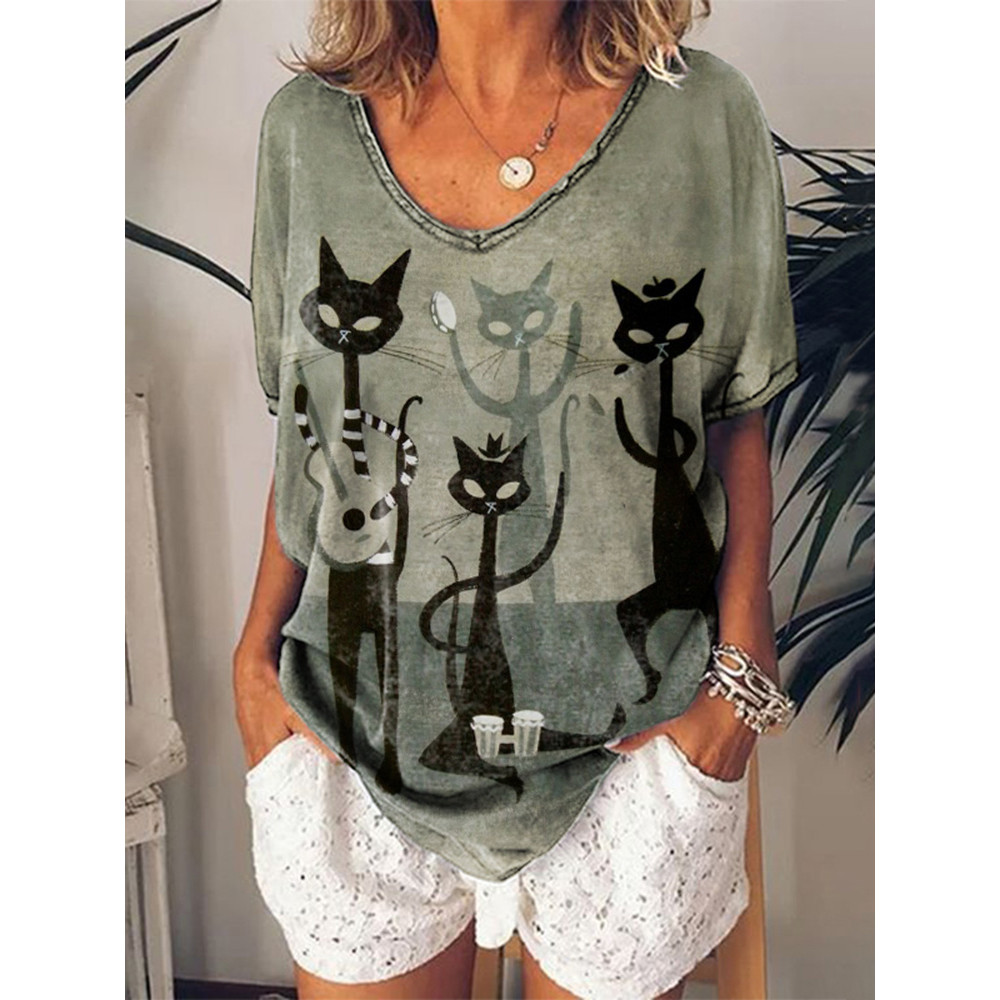 Short Sleeve Cat Band Print T-Shirt