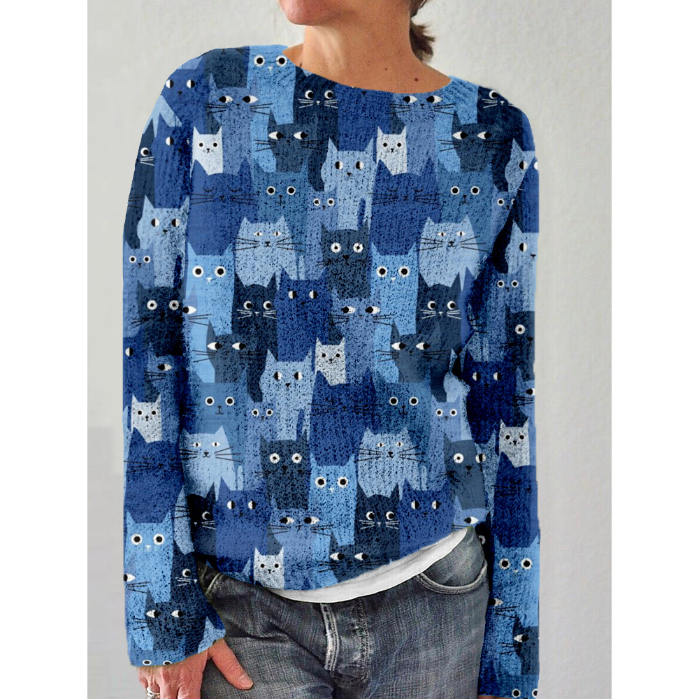 Silly Cats Art Pattern Crew Neck Cozy Sweater