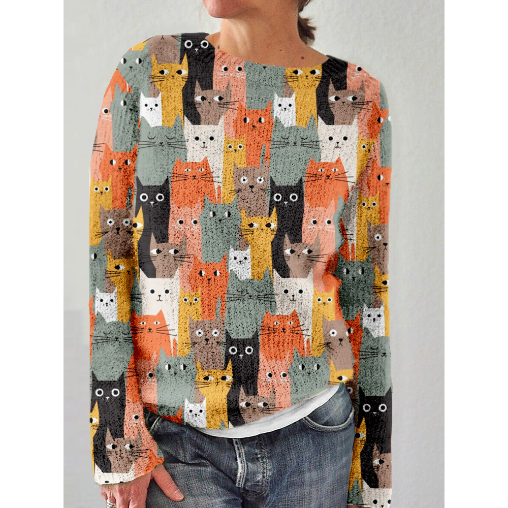 Silly Cats Art Pattern Crew Neck Cozy Sweater