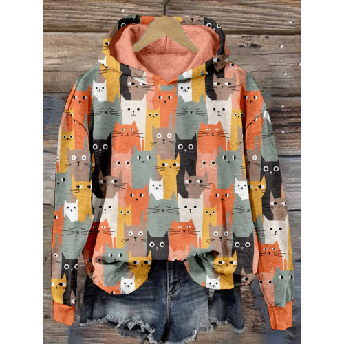 Silly Cats Art Pattern Print Cozy Hoodie