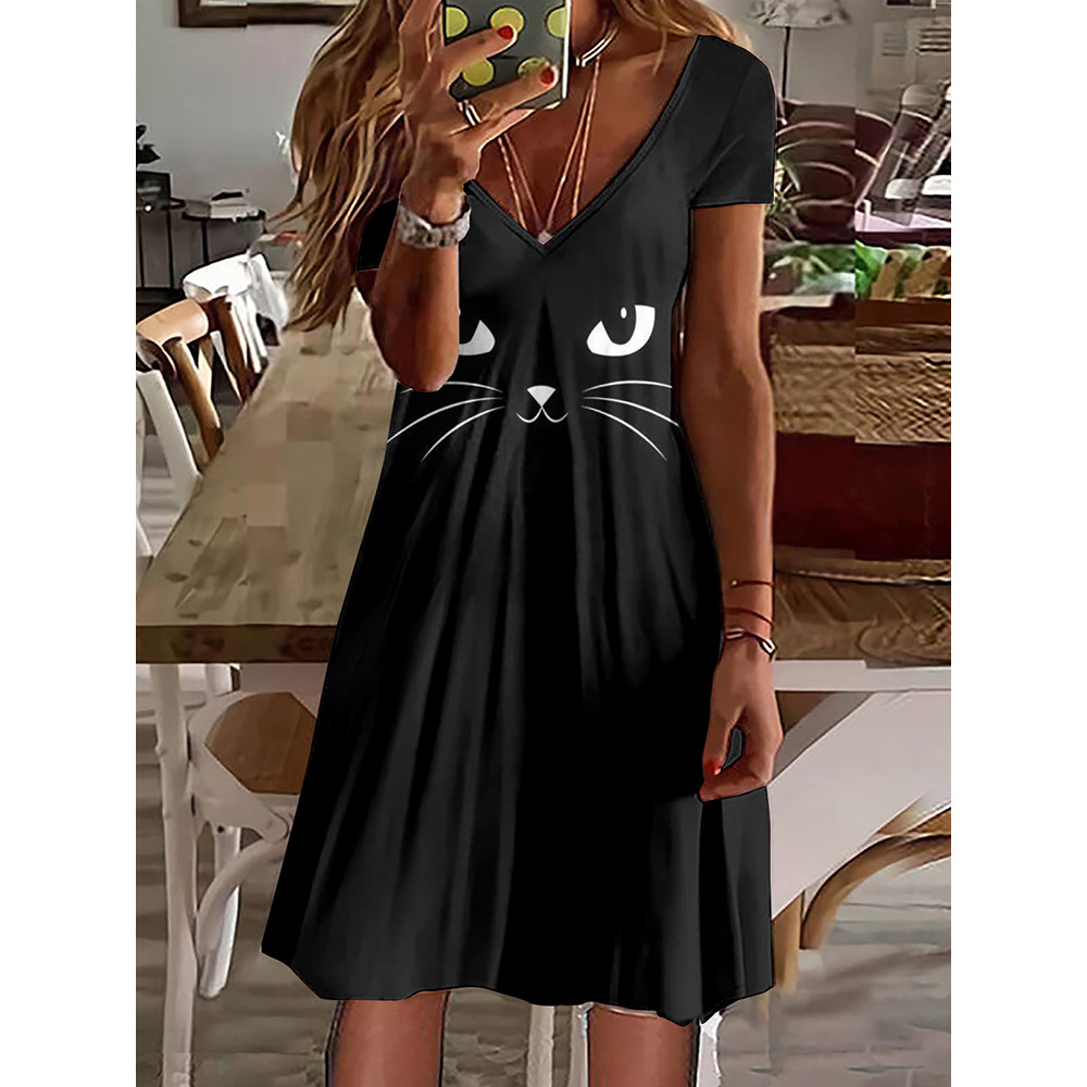 Simple Cat Print V Neck Short Sleeve Midi Dress