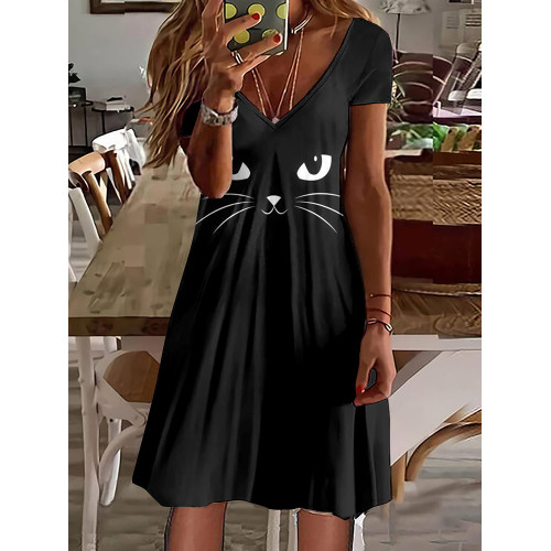 Simple Cat Print V Neck Short Sleeve Midi Dress