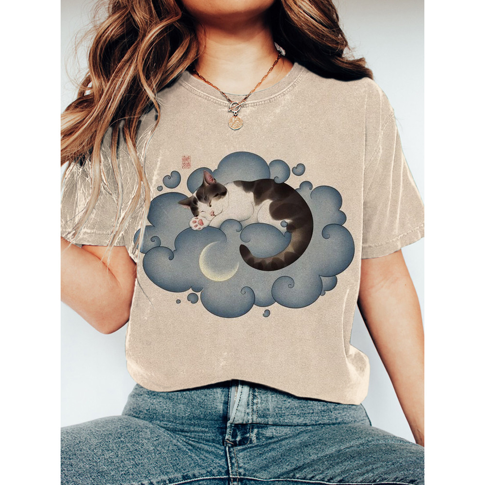 Sleeping Black Cat & Cloud Graphic Short Sleeve T-Shirt