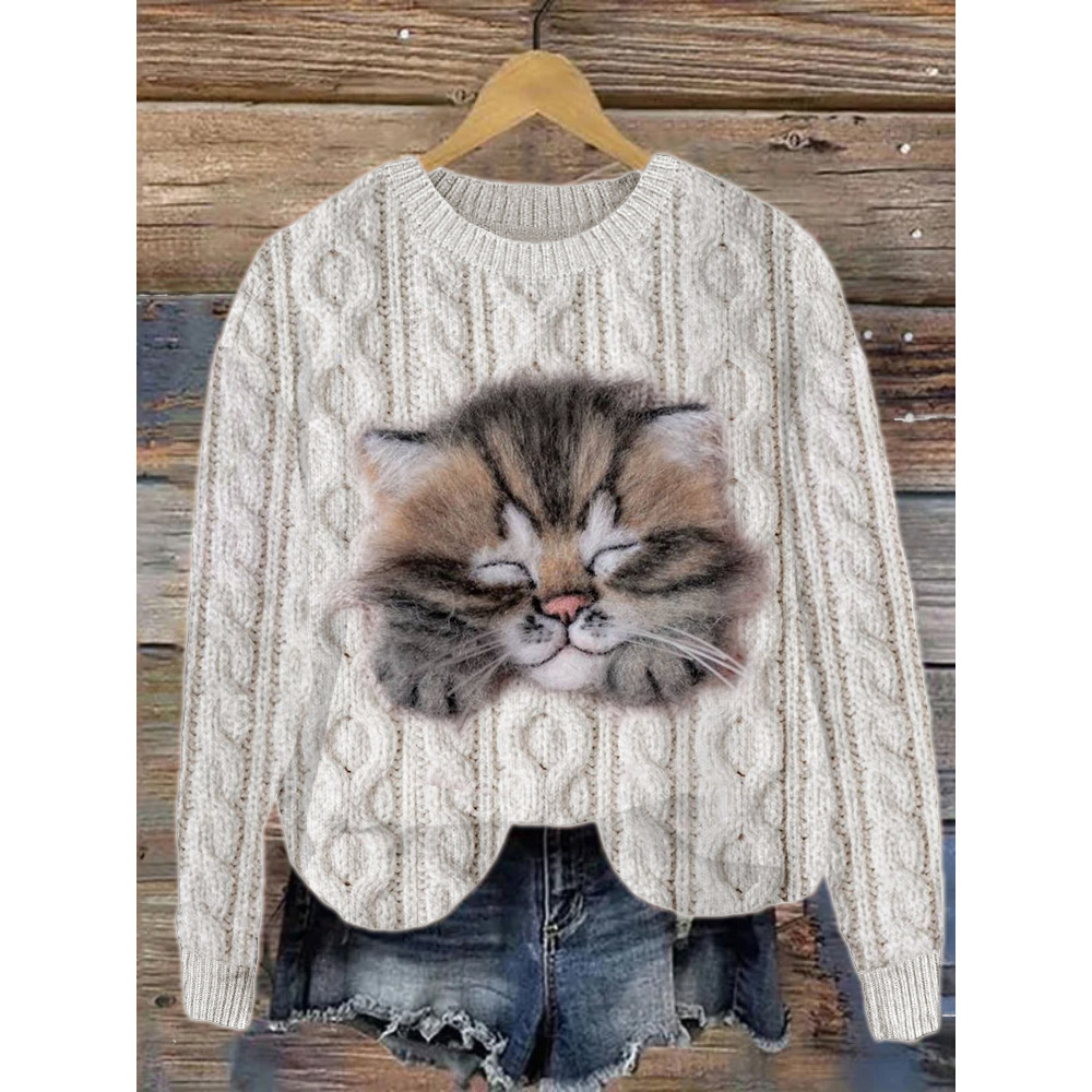 Sleeping Cat Felt Cable Knit Sweater