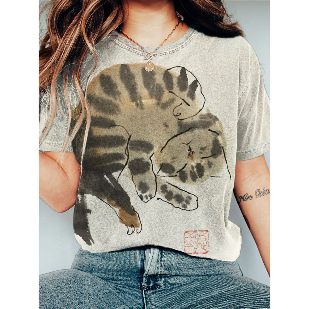 Sleeping Cat Japanese Brush Art Vintage T Shirt