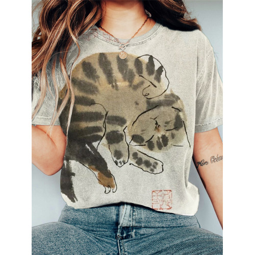 Sleeping Cat Japanese Brush Art Vintage T Shirt