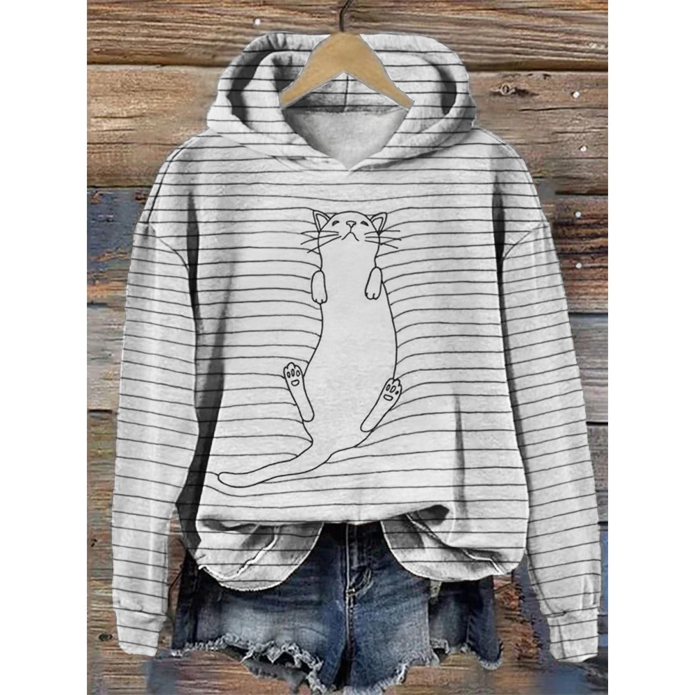 Sleeping Cat Line Art Striped Cozy Hoodie
