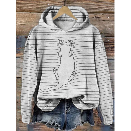 Sleeping Cat Line Art Striped Cozy Hoodie