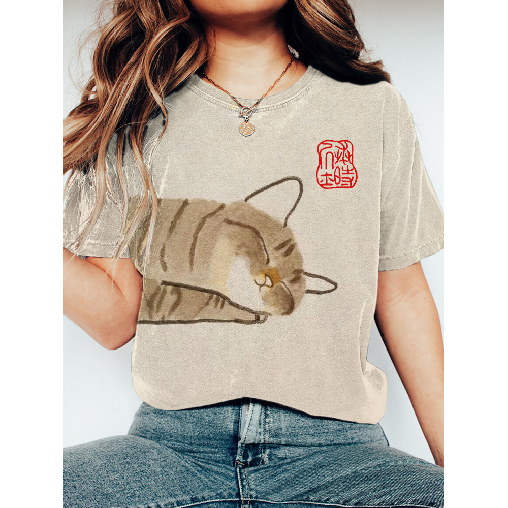 Sleeping Cat Print Short Sleeve T-Shirt