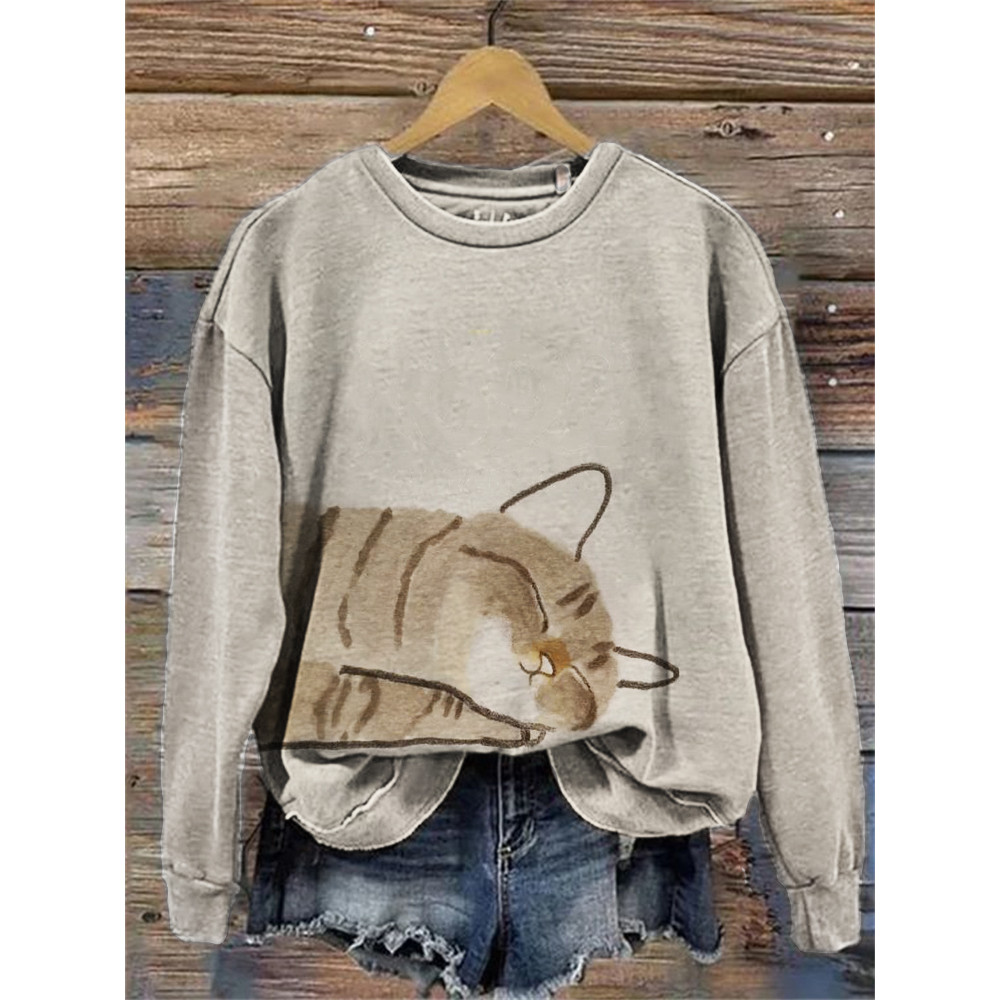 Sleeping Cat Simple Watercolor Art Sweatshirt