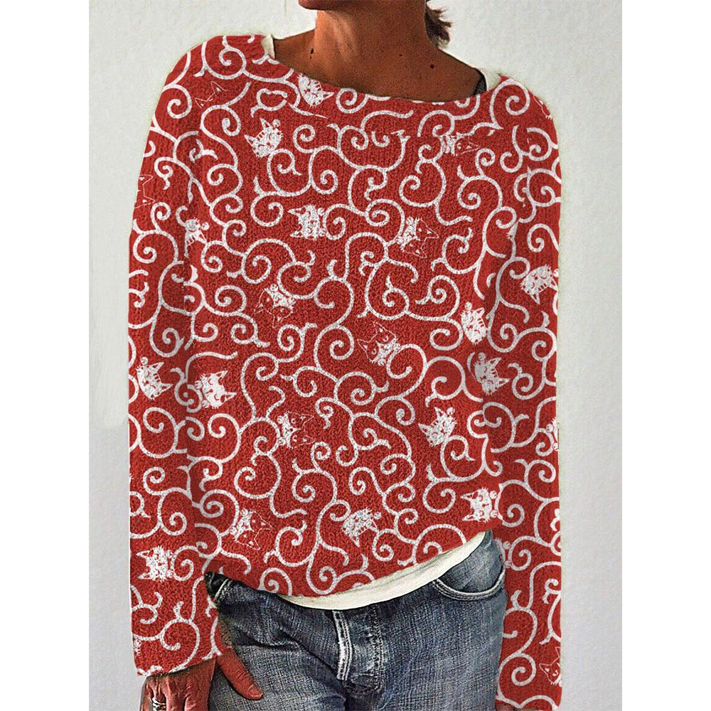 Sleepy Cat Faces and Swirly Scrolls Japanese Art Cotton Cozy Sweater