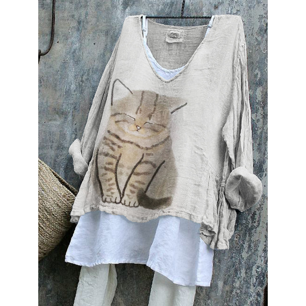 Sleepy Cat Simple Watercolor Art Flowy Tunic