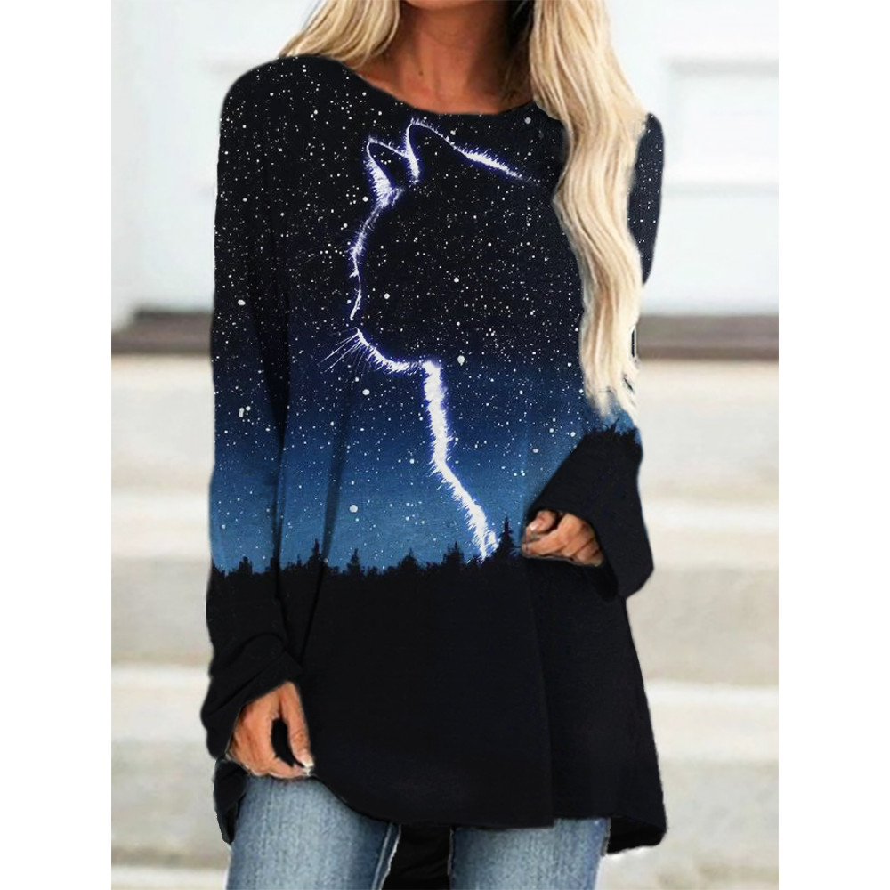 Starry Sky And Cat Silhouette Print Long Sleeve T Shirt
