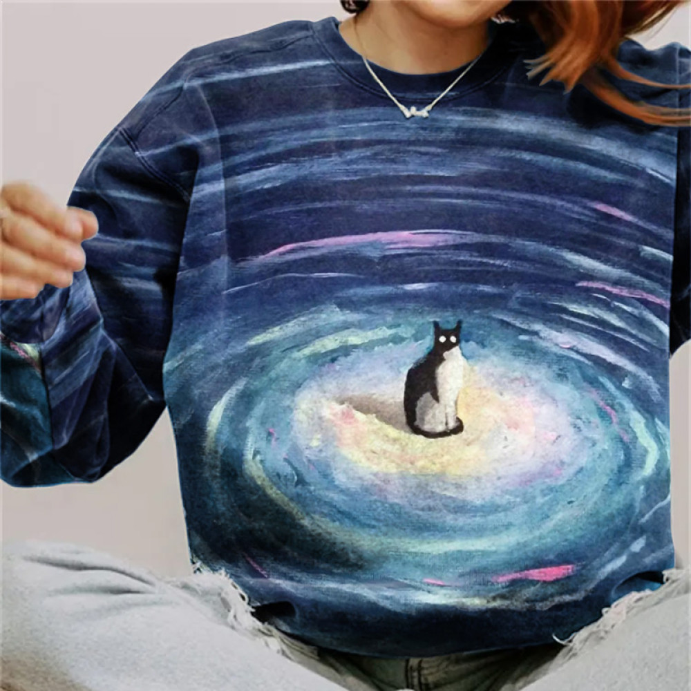 Starry Sky Cat Print Round Neck Long Sleeve Sweatshirt