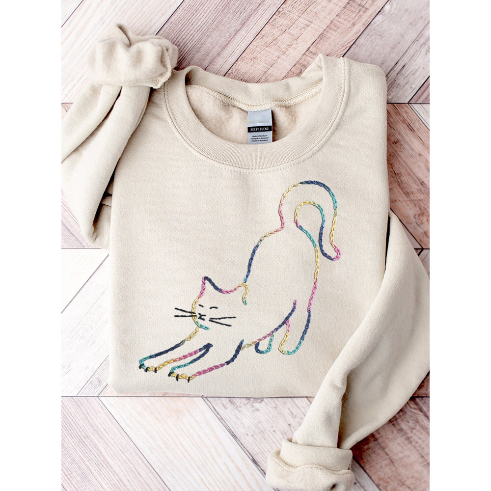 Stretching Cat Colorful Embroidery Art Comfy Sweatshirt