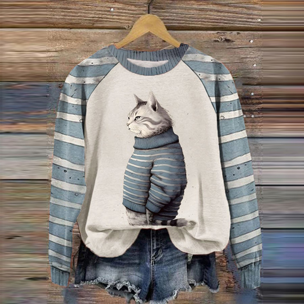 Stripe Clothing Cat Printed Sweatshirt