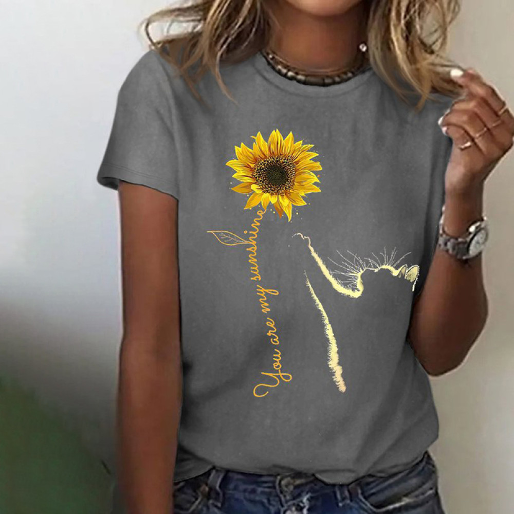 Sunflower And Cat Print Casual T-Shirt