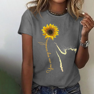 Sunflower And Cat Print Casual T-Shirt