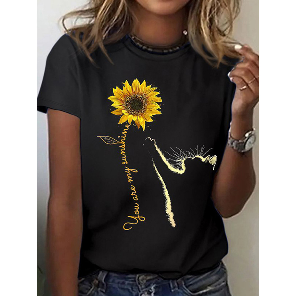 Sunflower And Cat Print Casual T-Shirt