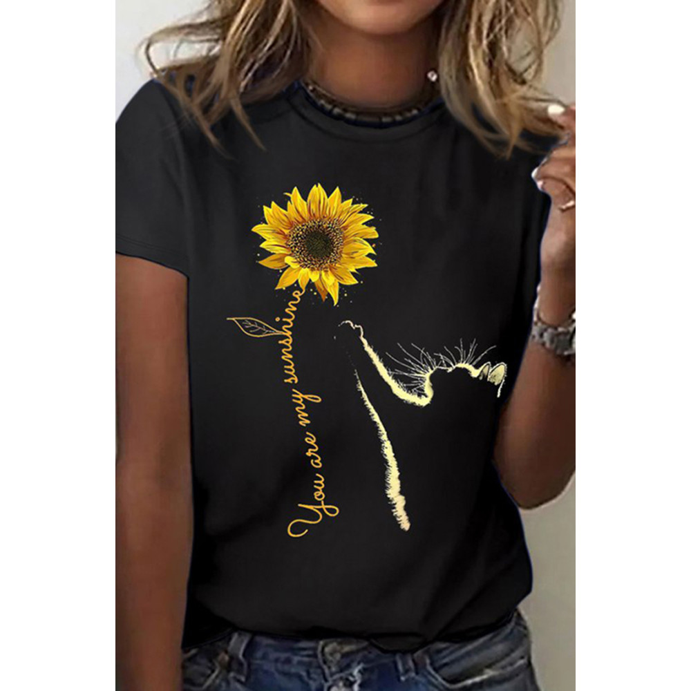 Sunflower And Cat Print Casual T-Shirt