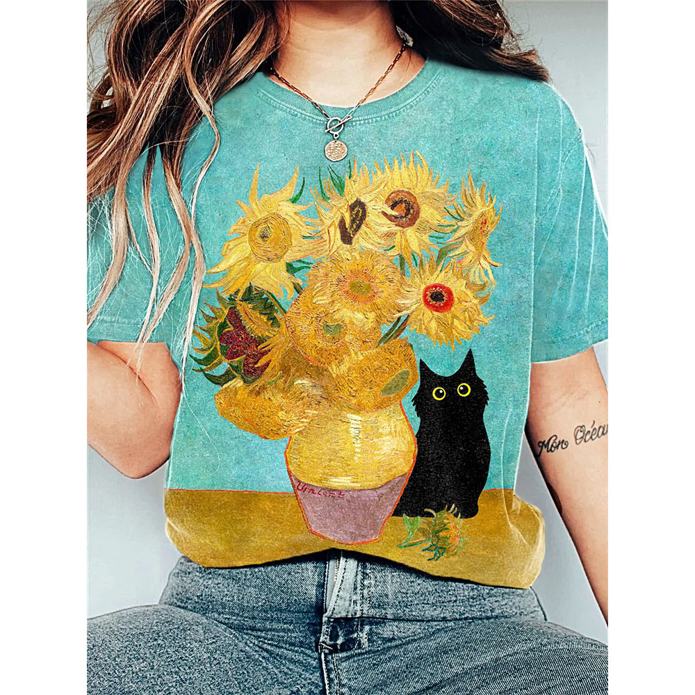 Sunflowers Art Painting Black Cat Print Cotton Cozy T-Shirt